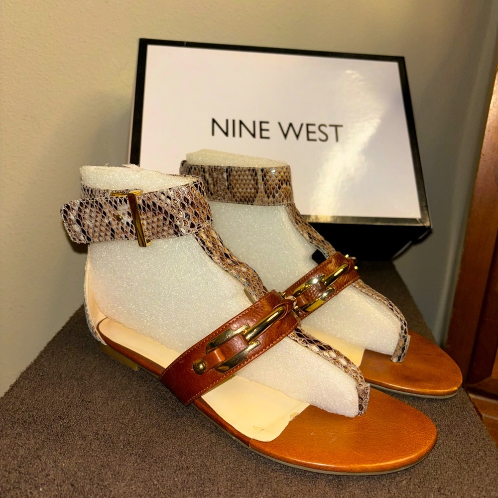 Nine West cognac brown thong sandals; gold hardware; very pretty
